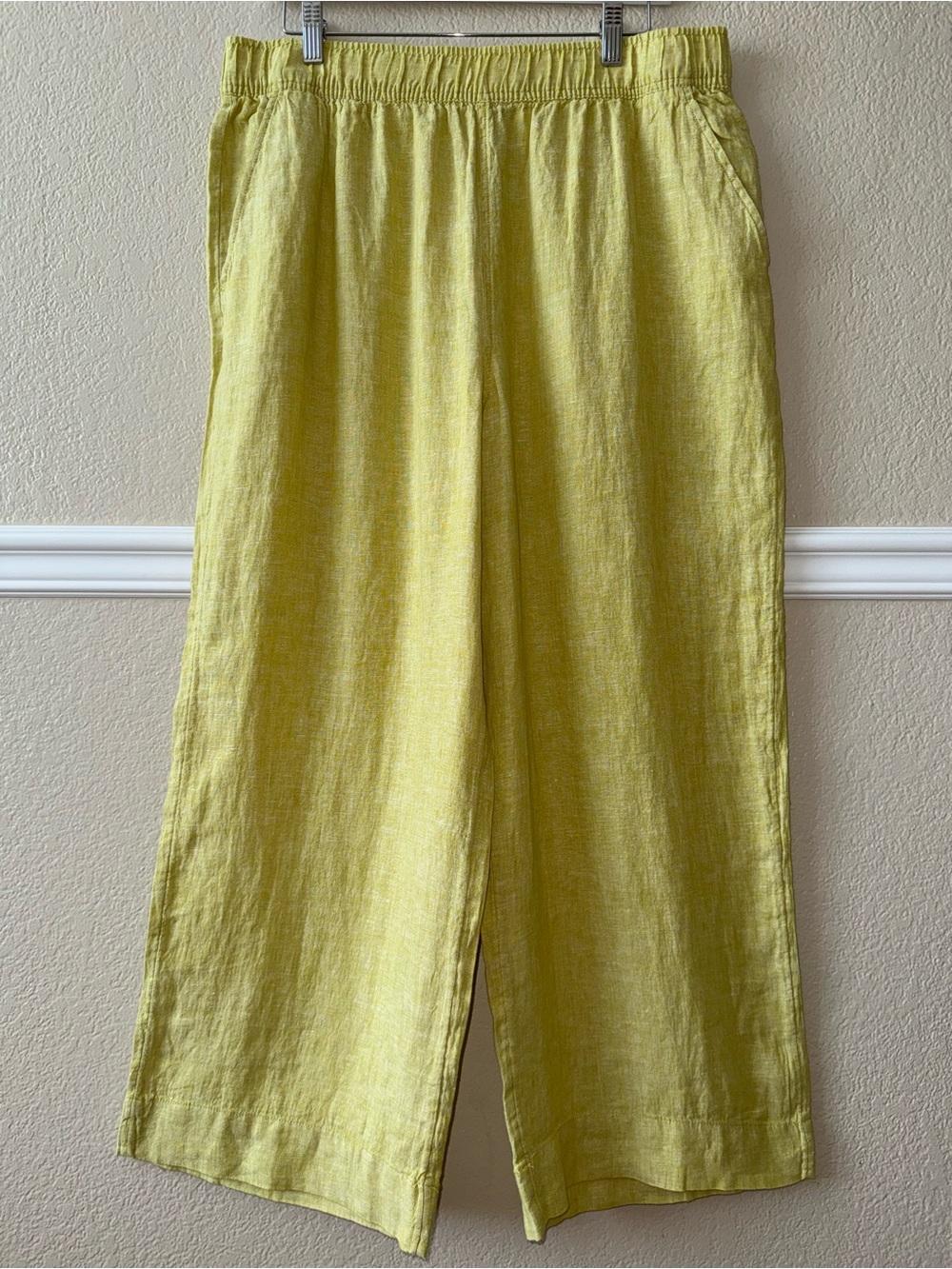 LIKE NEW 100% Linen Wide Leg Pants Elastic Waist Cropped Green Yellow XL